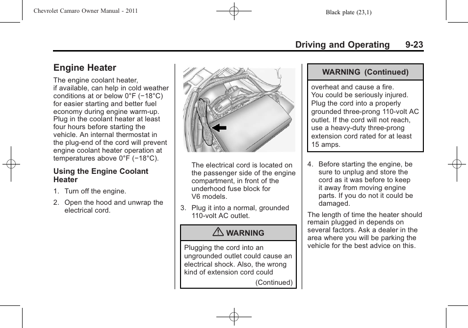 Engine heater | CHEVROLET 2011 Camaro User Manual | Page 225 / 414