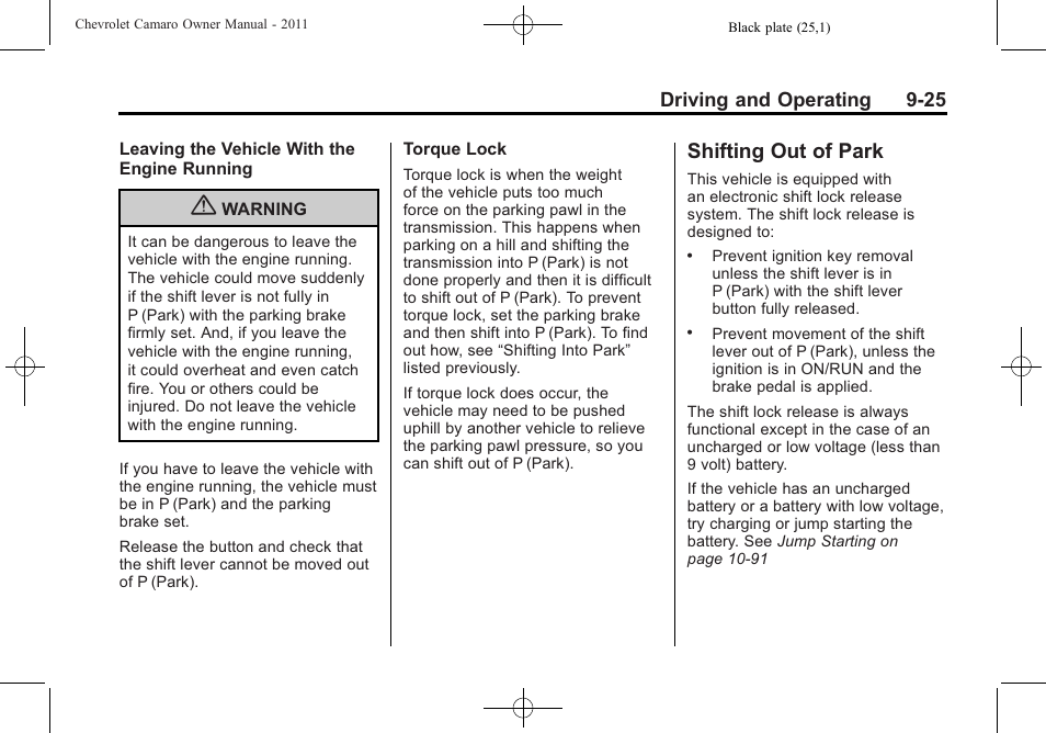 Shifting out of park | CHEVROLET 2011 Camaro User Manual | Page 227 / 414
