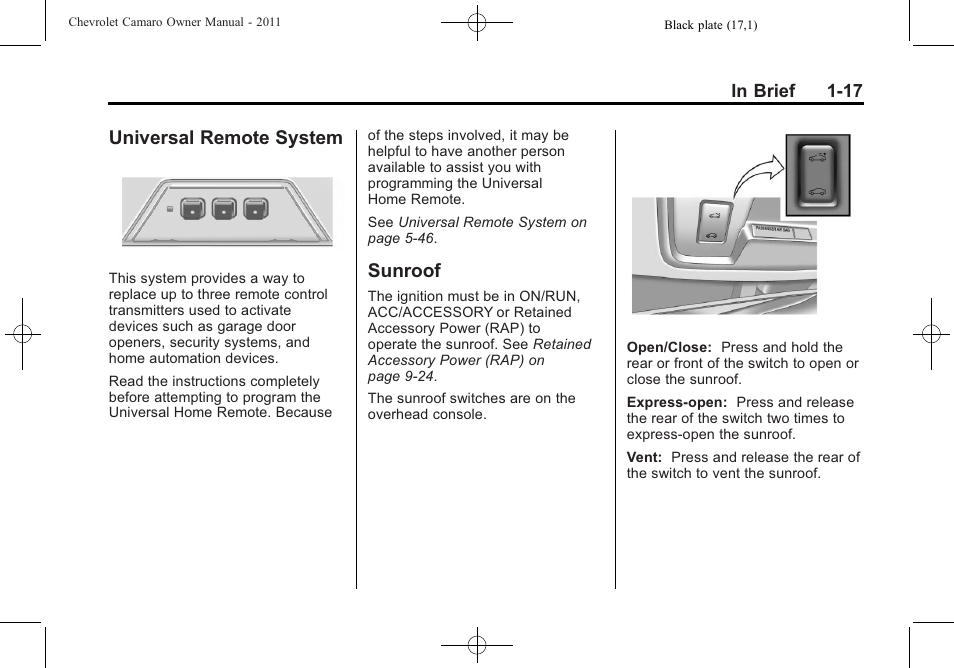 Universal remote system, Sunroof | CHEVROLET 2011 Camaro User Manual | Page 23 / 414