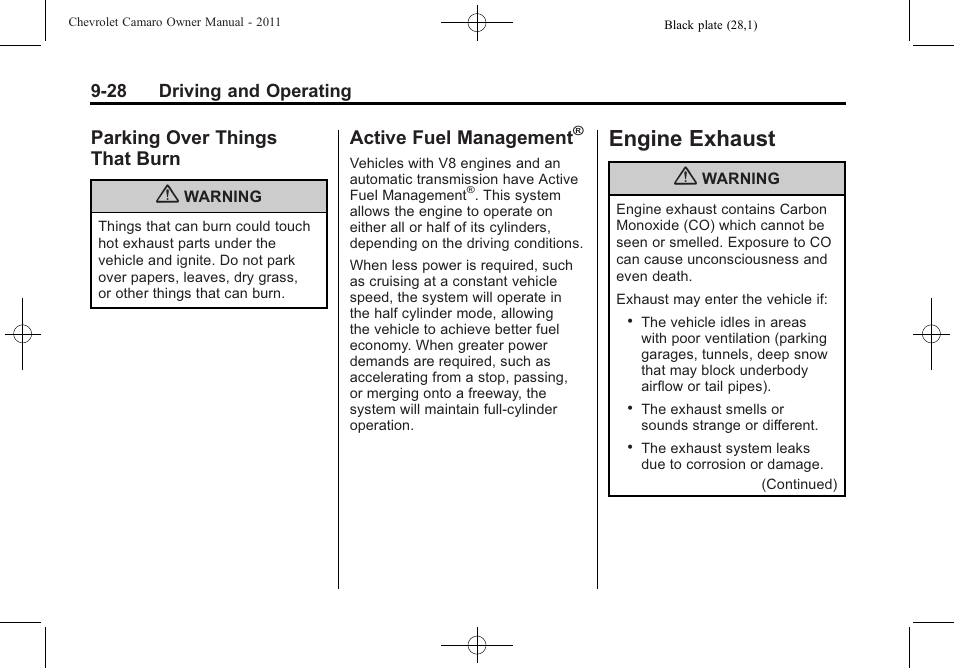 Parking over things that burn, Active fuel management, Engine exhaust | CHEVROLET 2011 Camaro User Manual | Page 230 / 414