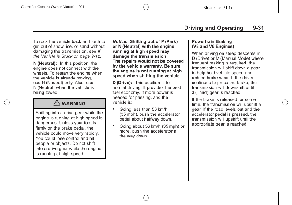 Driving and operating 9-31 | CHEVROLET 2011 Camaro User Manual | Page 233 / 414