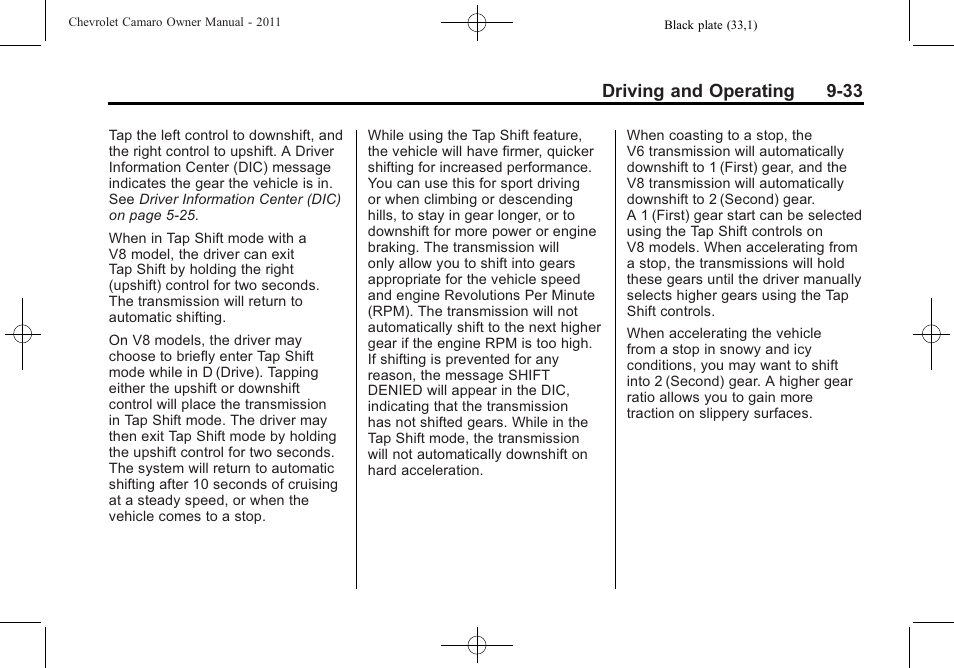 Driving and operating 9-33 | CHEVROLET 2011 Camaro User Manual | Page 235 / 414