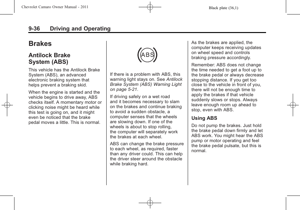 Brakes, Antilock brake system (abs) | CHEVROLET 2011 Camaro User Manual | Page 238 / 414