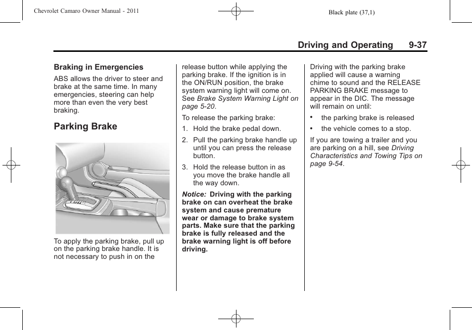 Parking brake, Driving and operating 9-37 | CHEVROLET 2011 Camaro User Manual | Page 239 / 414