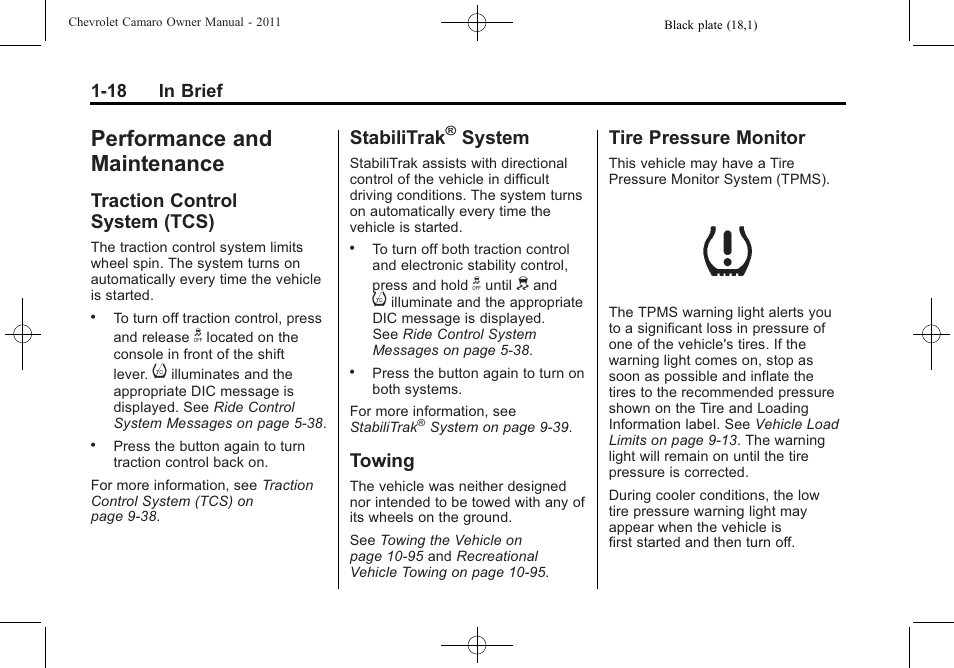 Performance and maintenance, Traction control system (tcs), Stabilitrak® system | Towing, Tire pressure monitor, Stabilitrak, System | CHEVROLET 2011 Camaro User Manual | Page 24 / 414