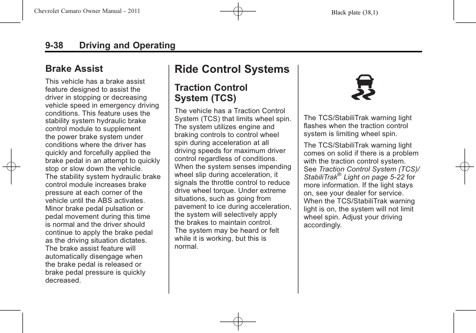 Brake assist, Ride control systems, Traction control system (tcs) | CHEVROLET 2011 Camaro User Manual | Page 240 / 414