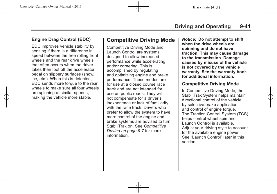 Competitive driving mode | CHEVROLET 2011 Camaro User Manual | Page 243 / 414
