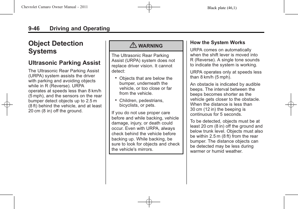 Object detection systems, Ultrasonic parking assist | CHEVROLET 2011 Camaro User Manual | Page 248 / 414