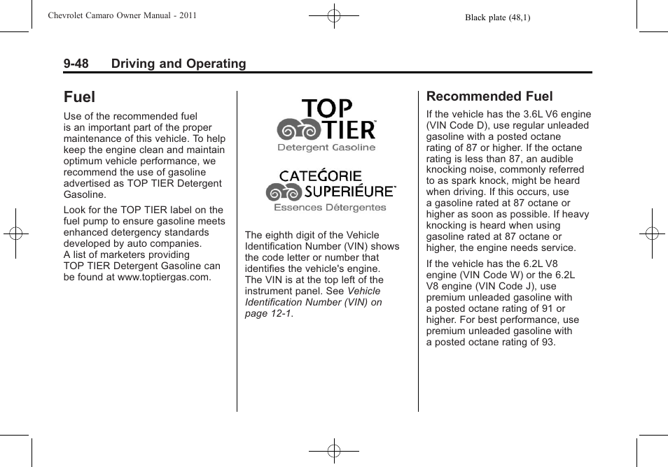 Fuel, Recommended fuel | CHEVROLET 2011 Camaro User Manual | Page 250 / 414