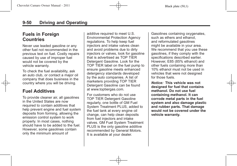 Fuels in foreign countries, Fuel additives | CHEVROLET 2011 Camaro User Manual | Page 252 / 414