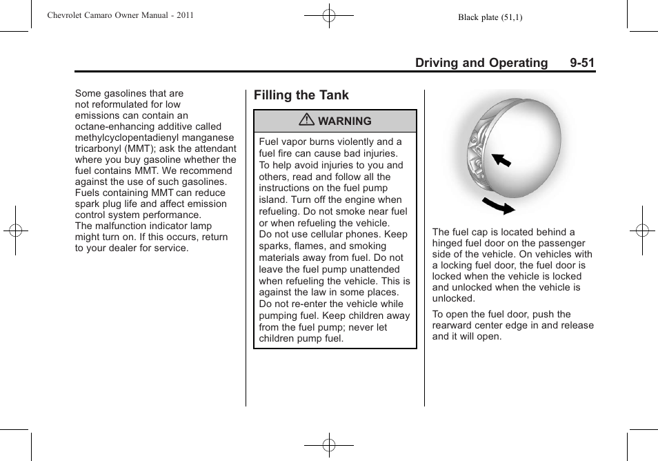 Filling the tank | CHEVROLET 2011 Camaro User Manual | Page 253 / 414