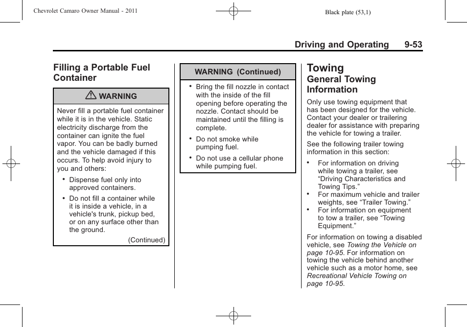 Filling a portable fuel container, Towing, General towing information | Driving and operating 9-53 | CHEVROLET 2011 Camaro User Manual | Page 255 / 414