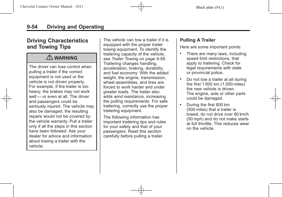 Driving characteristics and towing tips, 54 driving and operating | CHEVROLET 2011 Camaro User Manual | Page 256 / 414