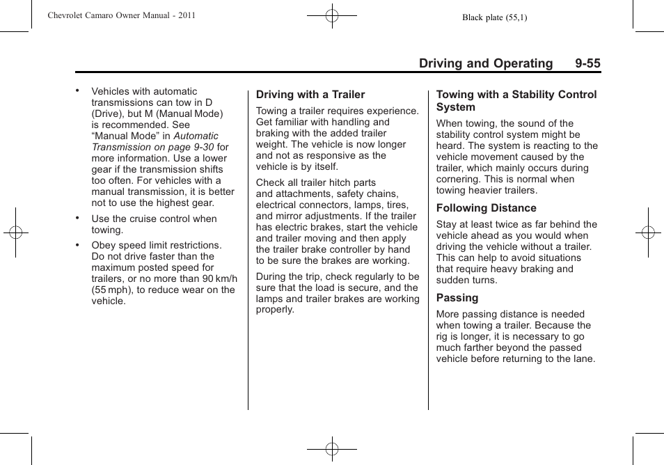 Driving and operating 9-55 | CHEVROLET 2011 Camaro User Manual | Page 257 / 414