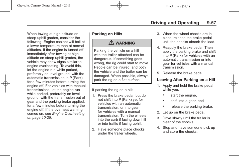 Driving and operating 9-57 | CHEVROLET 2011 Camaro User Manual | Page 259 / 414