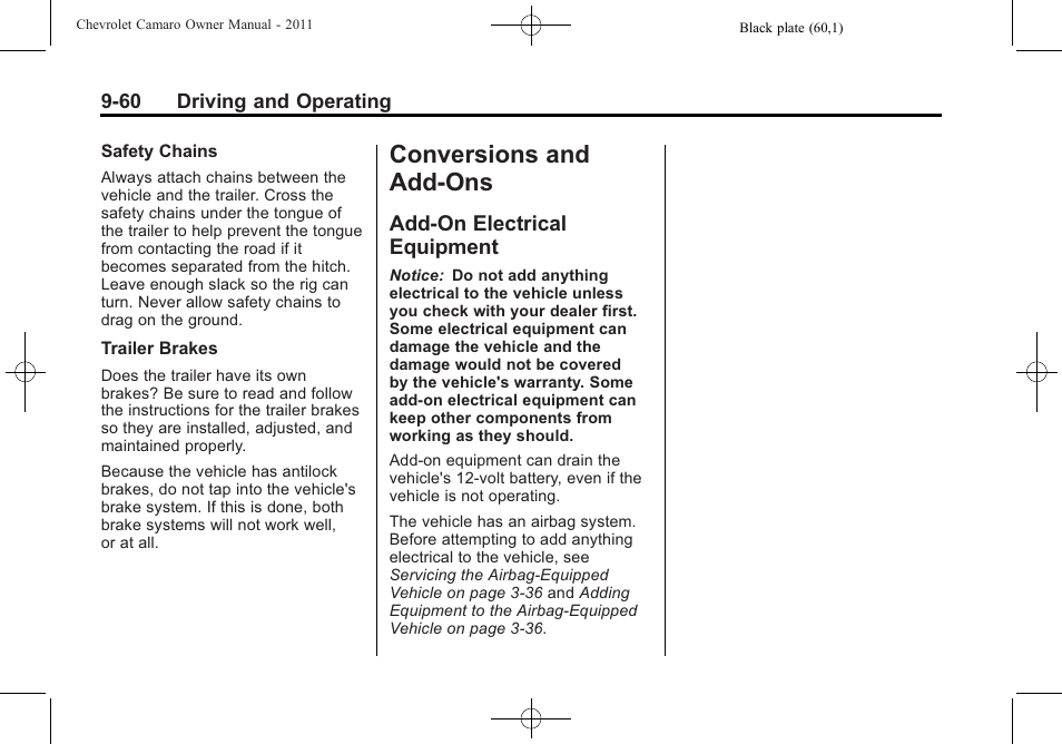 Conversions and add-ons, Add-on electrical equipment | CHEVROLET 2011 Camaro User Manual | Page 262 / 414