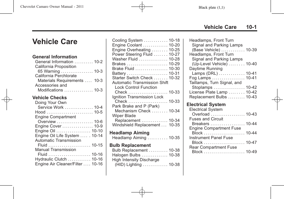 Vehicle care, Vehicle care 10-1 | CHEVROLET 2011 Camaro User Manual | Page 263 / 414