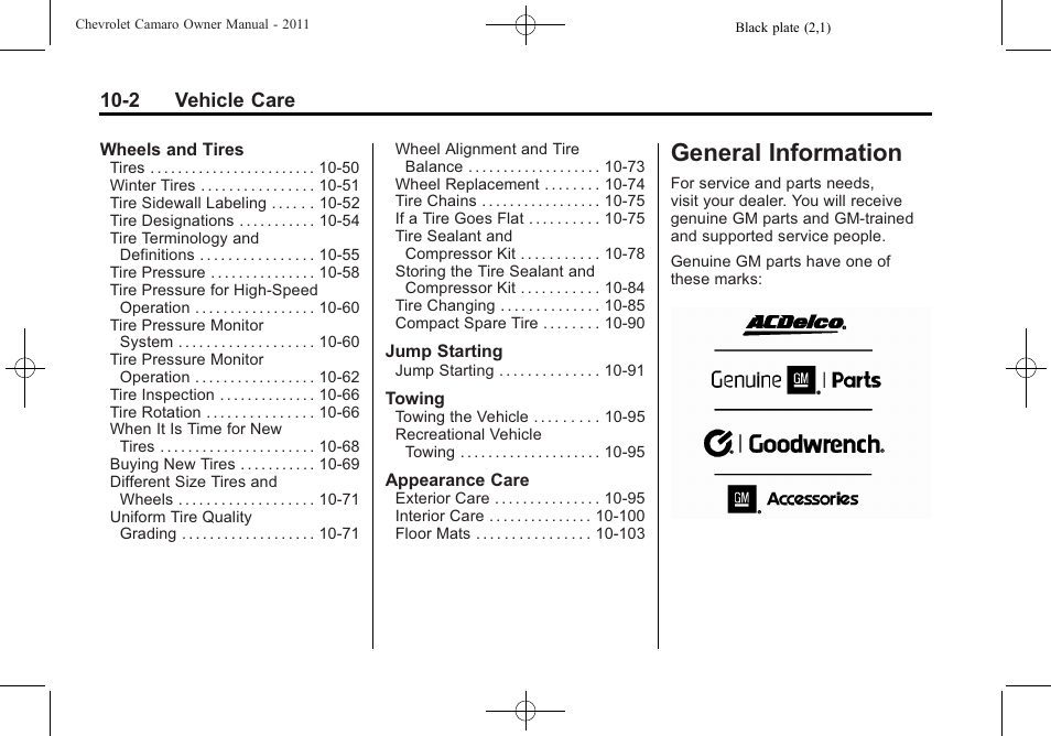 General information, 2 vehicle care | CHEVROLET 2011 Camaro User Manual | Page 264 / 414