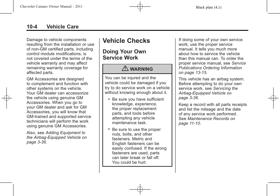 Vehicle checks, Doing your own service work | CHEVROLET 2011 Camaro User Manual | Page 266 / 414