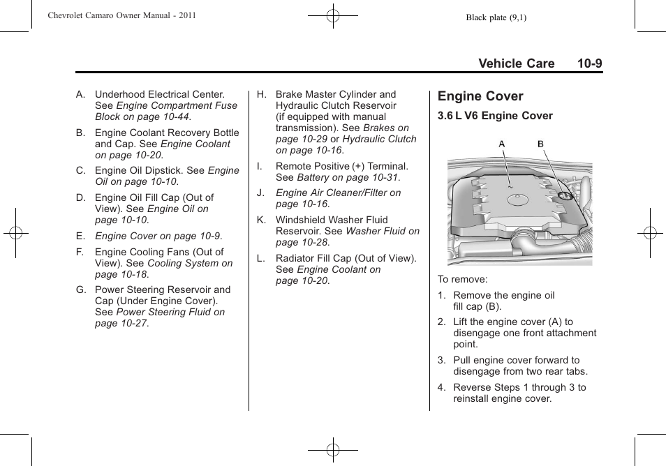 Engine cover, Vehicle care 10-9 | CHEVROLET 2011 Camaro User Manual | Page 271 / 414