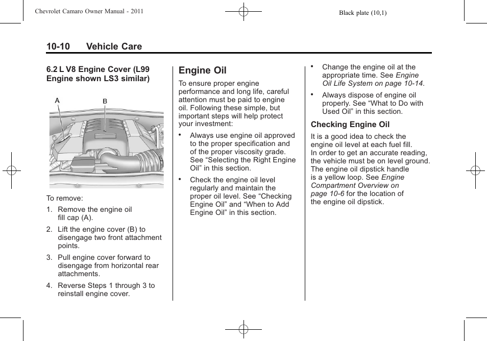 Engine oil, 10 vehicle care | CHEVROLET 2011 Camaro User Manual | Page 272 / 414