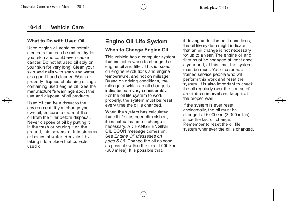 Engine oil life system | CHEVROLET 2011 Camaro User Manual | Page 276 / 414
