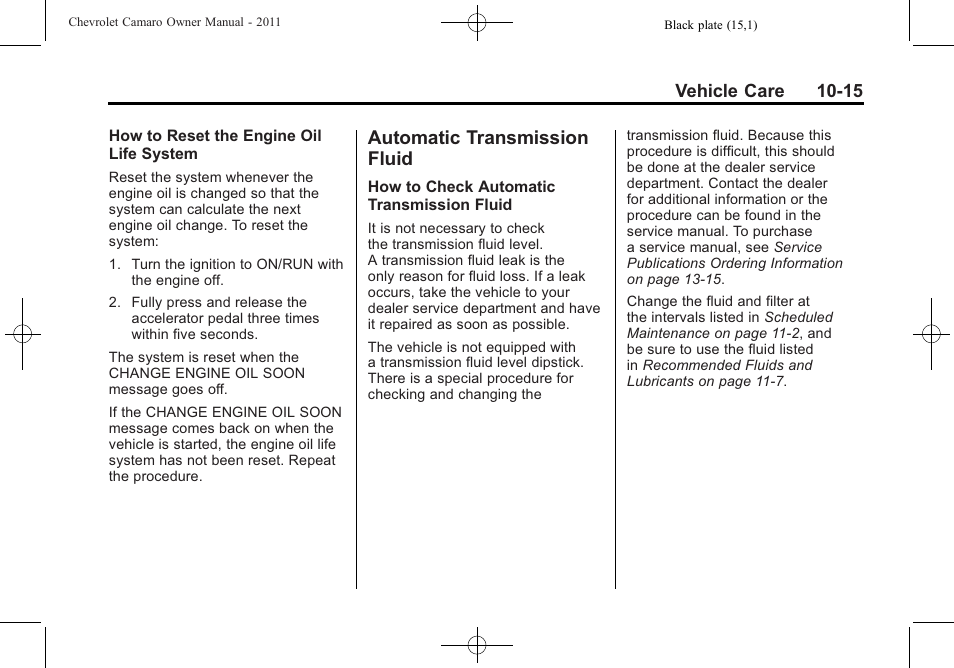 Automatic transmission fluid | CHEVROLET 2011 Camaro User Manual | Page 277 / 414