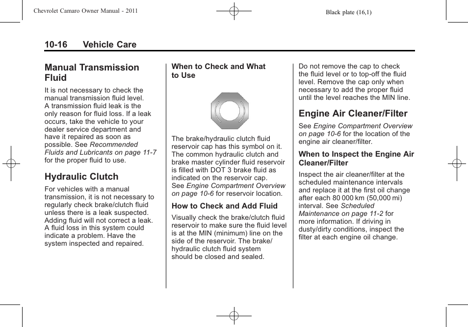 Manual transmission fluid, Hydraulic clutch, Engine air cleaner/filter | CHEVROLET 2011 Camaro User Manual | Page 278 / 414