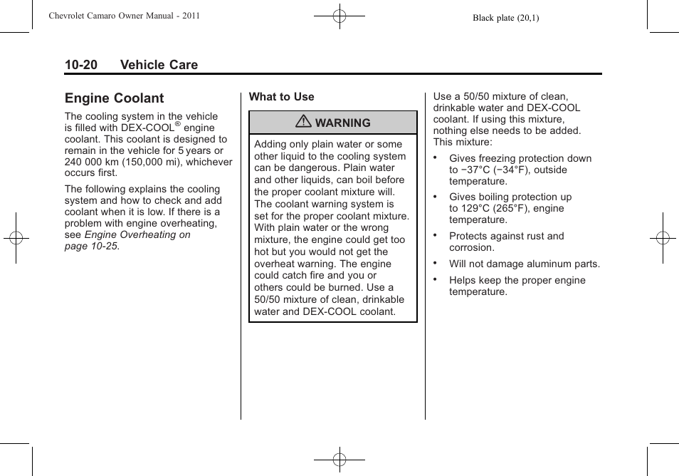 Engine coolant, 20 vehicle care | CHEVROLET 2011 Camaro User Manual | Page 282 / 414