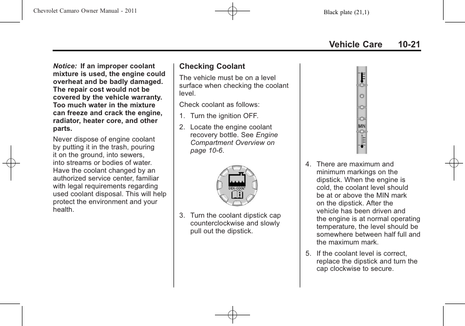 Vehicle care 10-21 | CHEVROLET 2011 Camaro User Manual | Page 283 / 414
