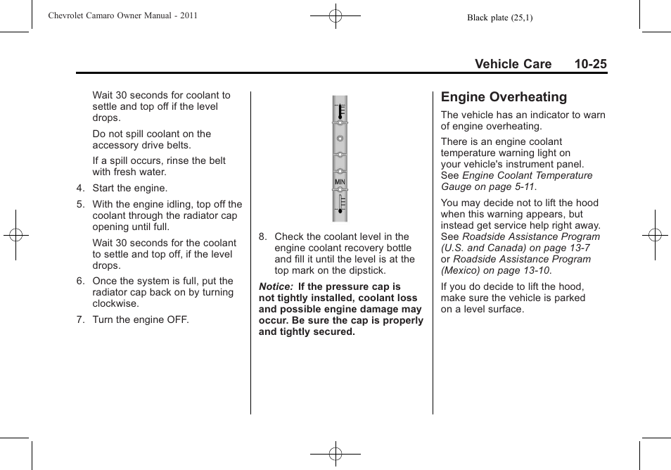 Engine overheating, Vehicle care 10-25 | CHEVROLET 2011 Camaro User Manual | Page 287 / 414