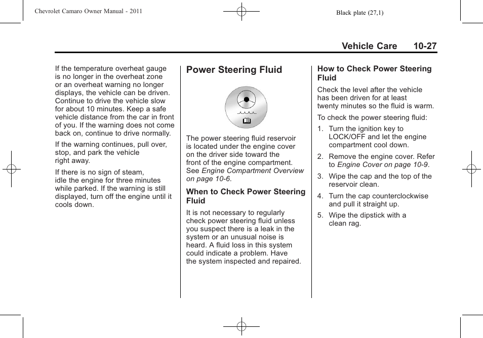 Power steering fluid, Vehicle care 10-27 | CHEVROLET 2011 Camaro User Manual | Page 289 / 414