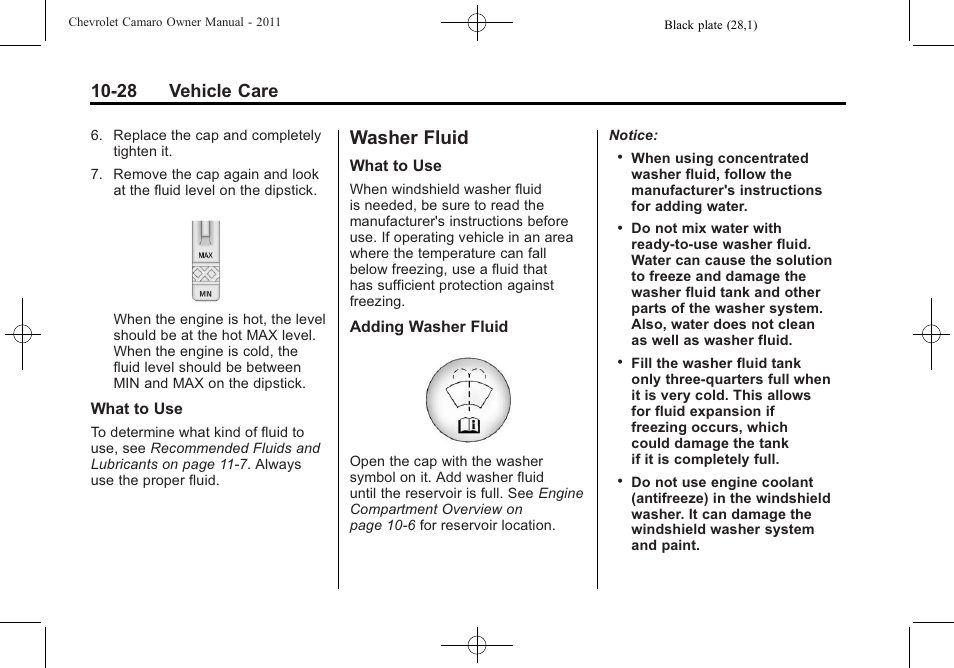 Washer fluid, 28 vehicle care | CHEVROLET 2011 Camaro User Manual | Page 290 / 414