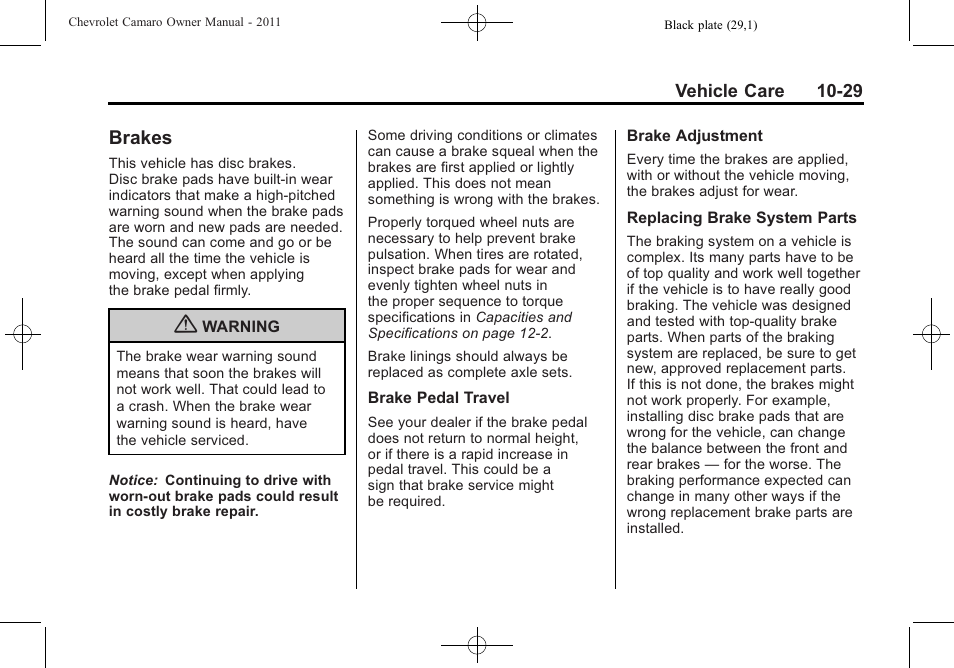 Brakes | CHEVROLET 2011 Camaro User Manual | Page 291 / 414