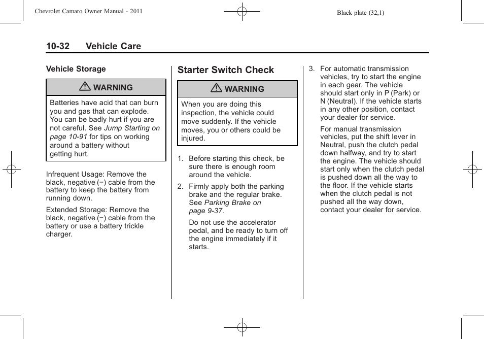 Starter switch check | CHEVROLET 2011 Camaro User Manual | Page 294 / 414