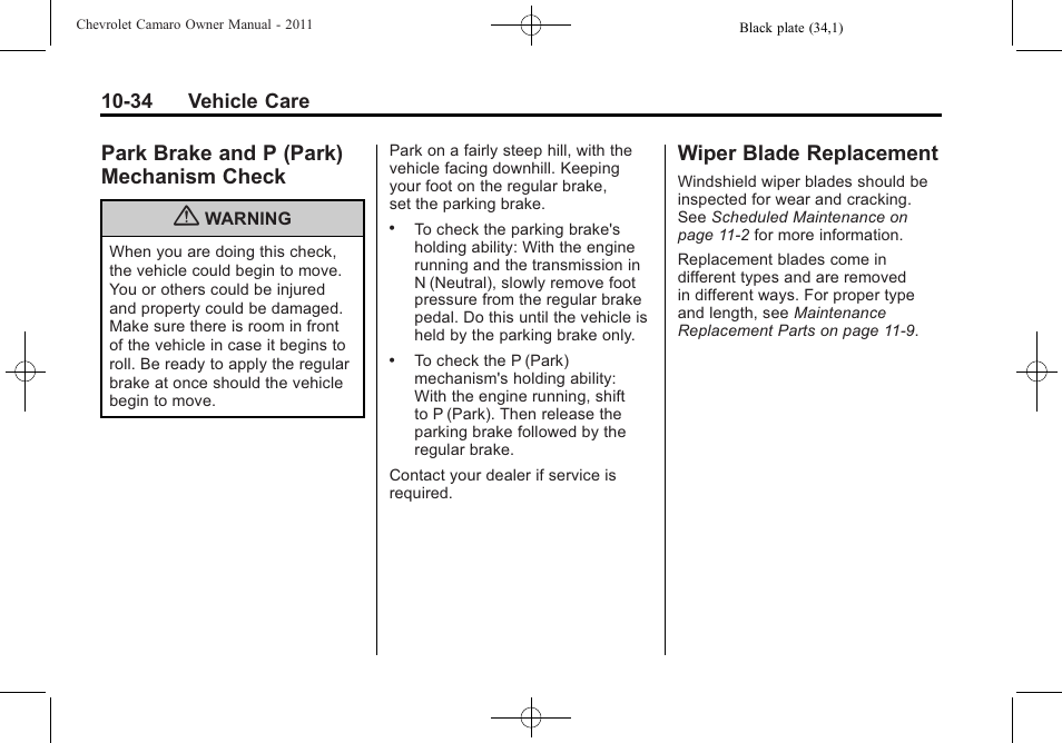 Park brake and p (park) mechanism check, Wiper blade replacement | CHEVROLET 2011 Camaro User Manual | Page 296 / 414