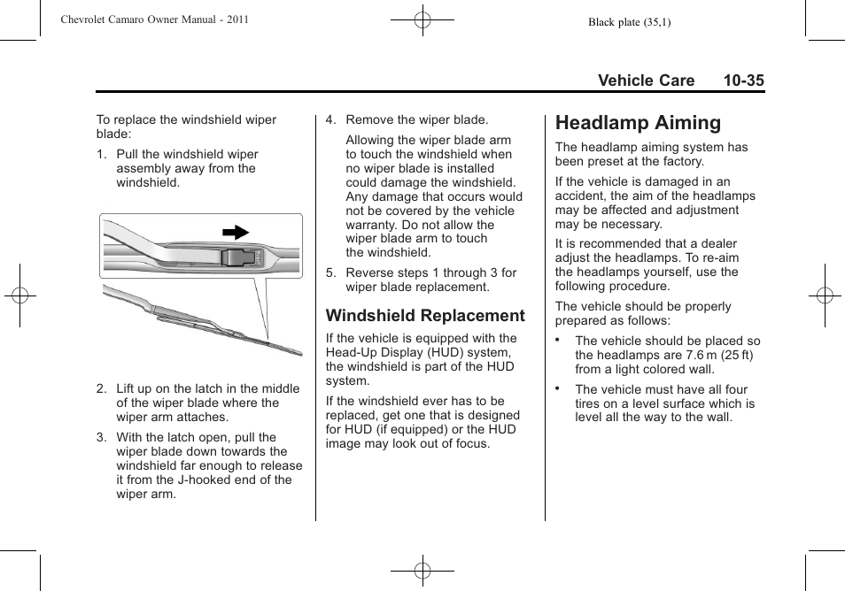 Windshield replacement, Headlamp aiming, Vehicle care 10-35 | CHEVROLET 2011 Camaro User Manual | Page 297 / 414