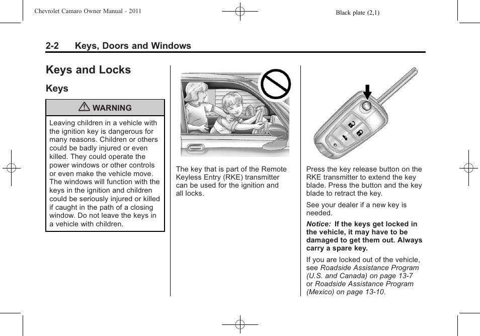 Keys and locks, Keys | CHEVROLET 2011 Camaro User Manual | Page 30 / 414