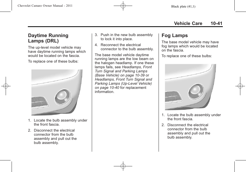 Daytime running lamps (drl), Fog lamps | CHEVROLET 2011 Camaro User Manual | Page 303 / 414