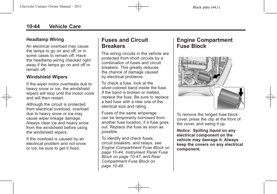 Fuses and circuit breakers, Engine compartment fuse block | CHEVROLET 2011 Camaro User Manual | Page 306 / 414