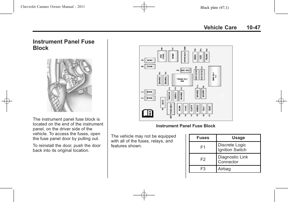 Instrument panel fuse block, Vehicle care 10-47 | CHEVROLET 2011 Camaro User Manual | Page 309 / 414