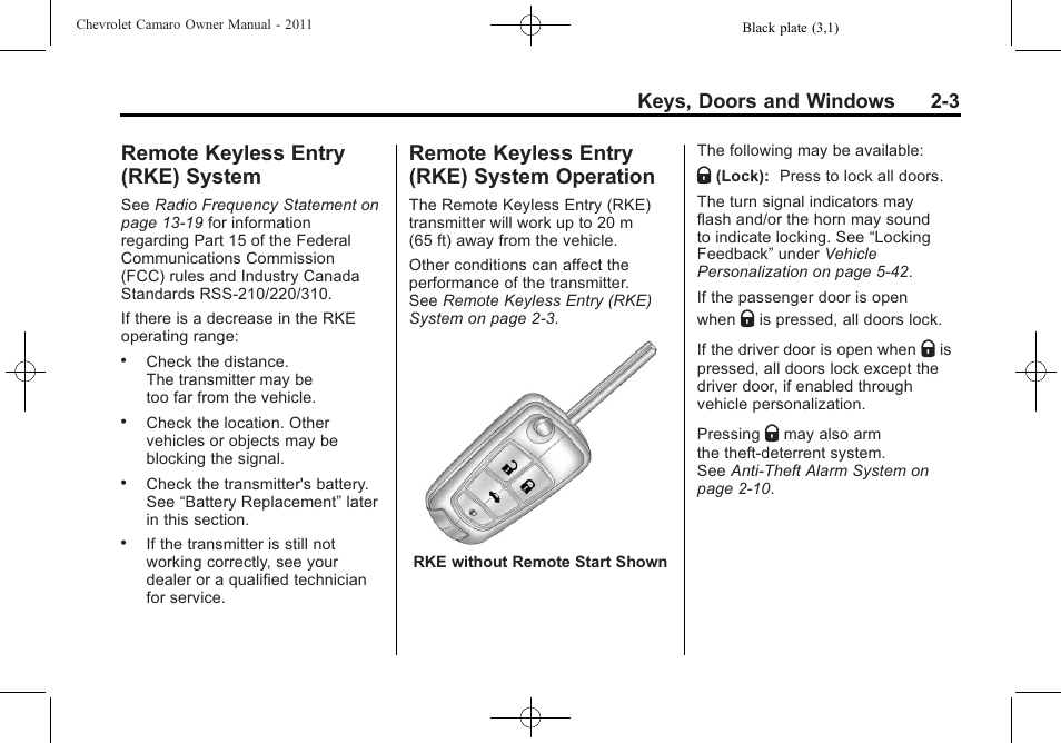 Remote keyless entry (rke) system, Remote keyless entry (rke) system operation, Keys, doors and windows 2-3 | CHEVROLET 2011 Camaro User Manual | Page 31 / 414
