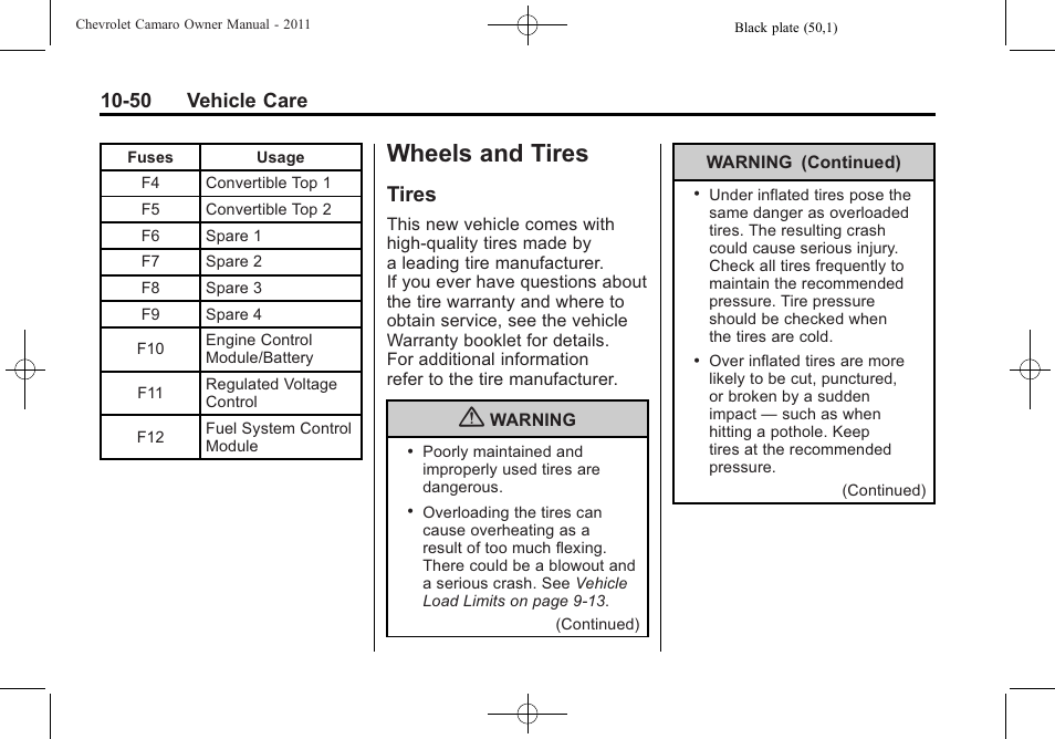 Wheels and tires, Tires, 50 vehicle care | CHEVROLET 2011 Camaro User Manual | Page 312 / 414