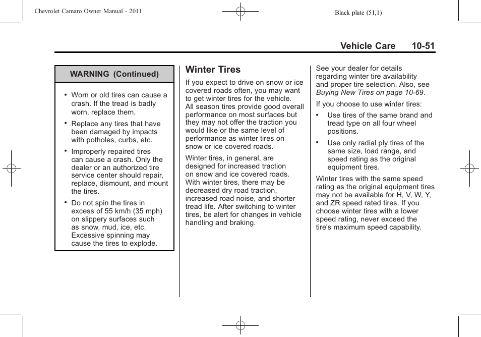 Winter tires, Vehicle care 10-51 | CHEVROLET 2011 Camaro User Manual | Page 313 / 414