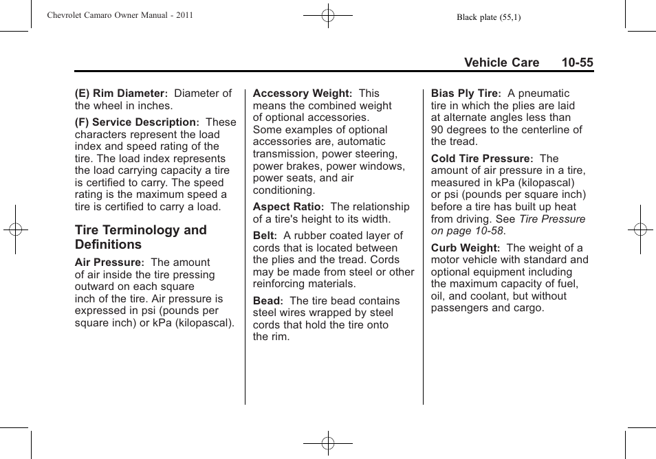 Tire terminology and definitions | CHEVROLET 2011 Camaro User Manual | Page 317 / 414