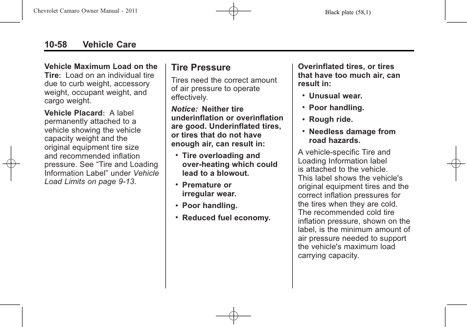 Tire pressure, 58 vehicle care | CHEVROLET 2011 Camaro User Manual | Page 320 / 414