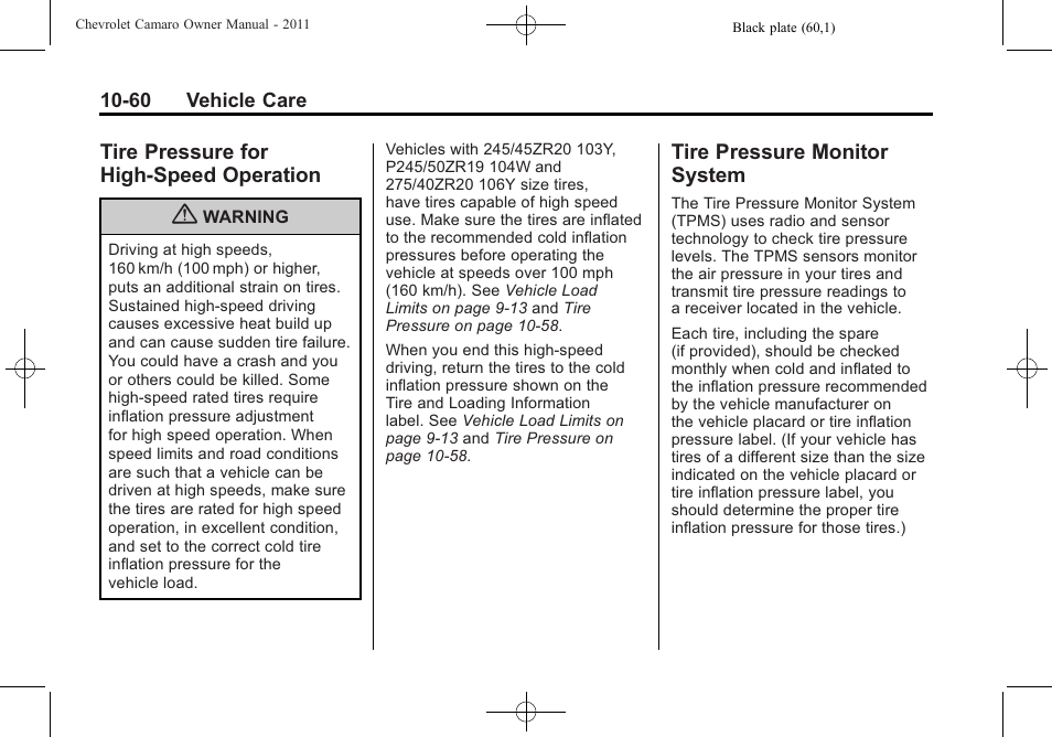 Tire pressure for high-speed operation, Tire pressure monitor system | CHEVROLET 2011 Camaro User Manual | Page 322 / 414