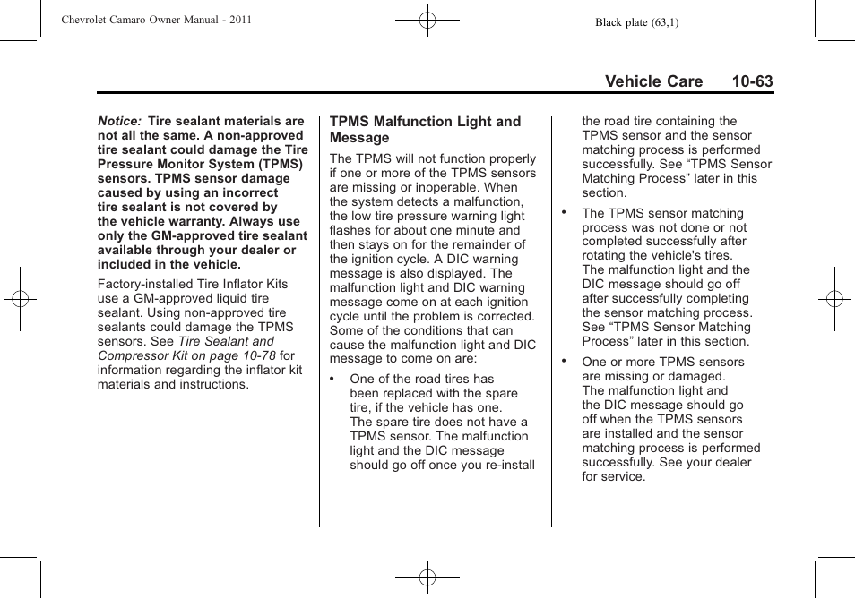 Vehicle care 10-63 | CHEVROLET 2011 Camaro User Manual | Page 325 / 414