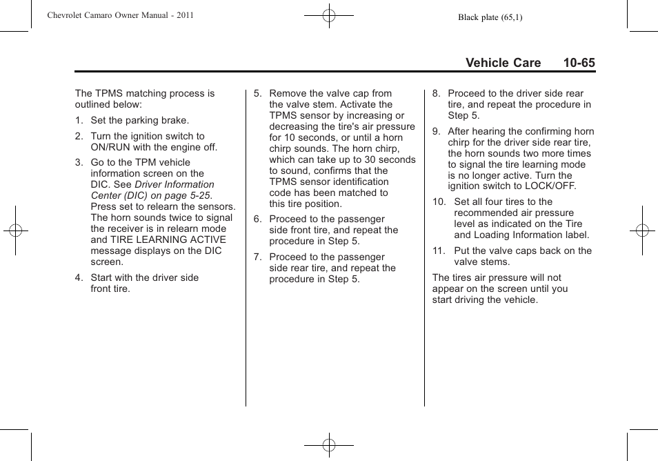 Vehicle care 10-65 | CHEVROLET 2011 Camaro User Manual | Page 327 / 414