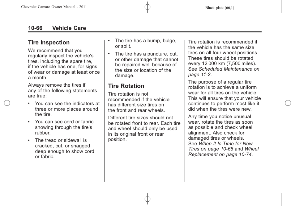 Tire inspection, Tire rotation, 66 vehicle care | CHEVROLET 2011 Camaro User Manual | Page 328 / 414